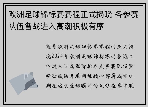 欧洲足球锦标赛赛程正式揭晓 各参赛队伍备战进入高潮积极有序