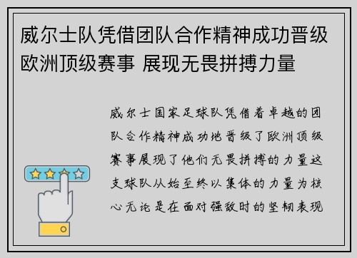 威尔士队凭借团队合作精神成功晋级欧洲顶级赛事 展现无畏拼搏力量